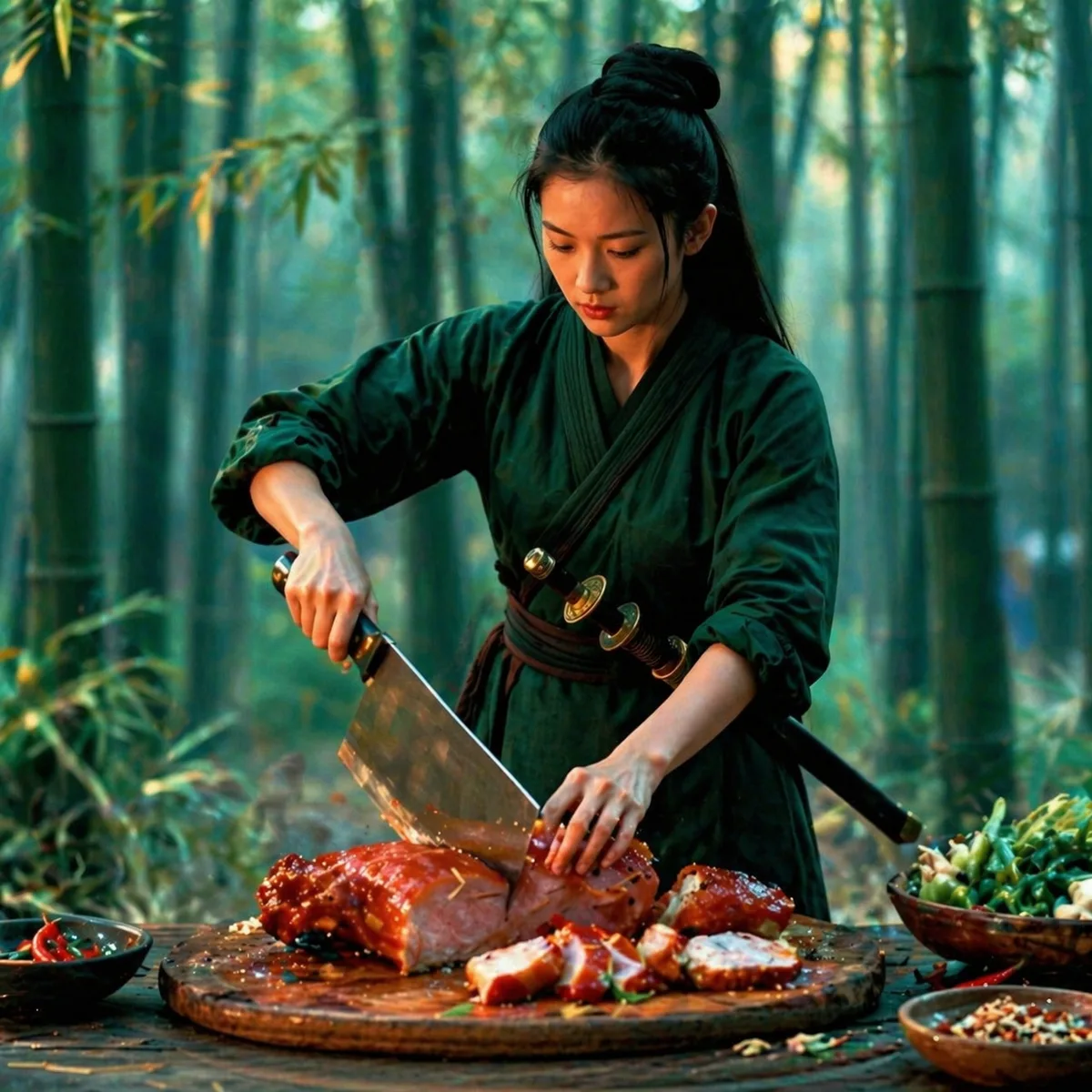 參考上傳圖片生成這位女俠切豬肉的圖片,要給seedance 2.0生成影片第一幀使用
