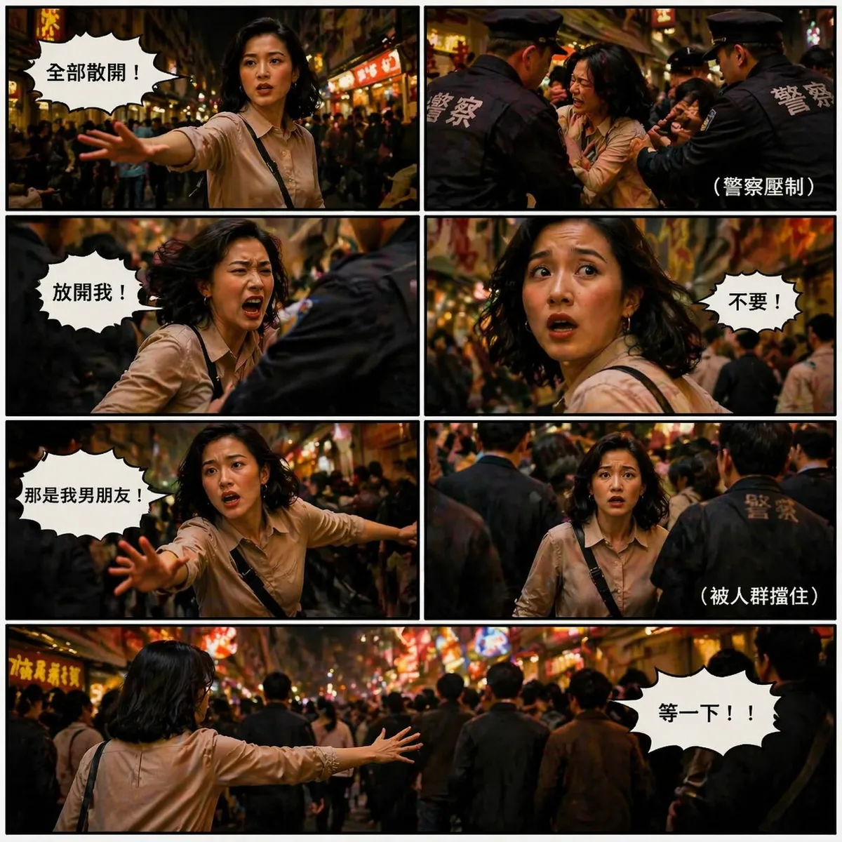 參考上傳圖片人物長相服裝，此頁只有女主角一人為主角,每張 6–9 格，由右→左閱讀,順序由上到下,人物不一定要特寫,有全身 側面 背面,提示詞（衝突）

對白：
1️⃣「全部散開！」
2️⃣（警察壓制）
3️⃣「放開我！」
4️⃣（她驚恐）「不要！」
5️⃣「那是我男朋友！」
6️⃣（被人群擋住）
7️⃣「等一下！！」
