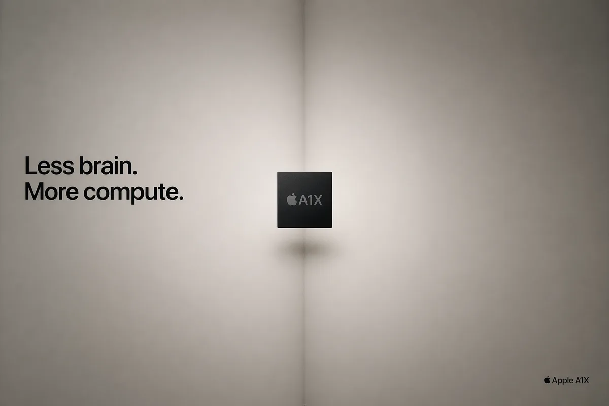 An Apple-style minimalist print ad for a fictional AI chip, a tiny matte-black square chip floating dead-center on a soft warm-grey gradient backdrop, bold sans-serif tagline 'Less brain. More compute.' on the left, a discreet wordmark in the corner, magazine double-spread print quality.