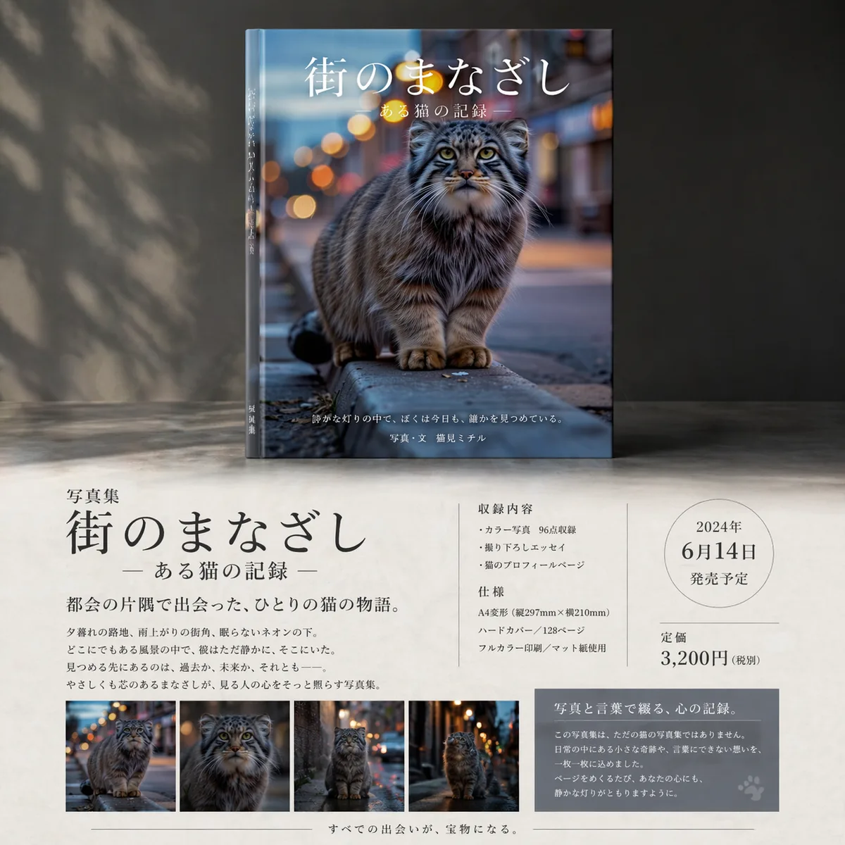 このキャラクターを使用して、プロのデザイナーが手掛けた写真集として制作してください。

全体構成は「一枚のポスター」のようなデザインとする。
上部には、一冊の完成した書籍が垂直に立てられた状態で、正面視点から見えるように配置すること。
書籍は水平に寝かせず、表紙がしっかり見えるように立てた状態で、実在感のある物体として描写すること。

下部には、その写真集の紹介テキストをレイアウトし、デザイン性と読みやすさを両立させること。
全体として情報量は多めにし、雑誌・アートブックのような完成度の高い構成にすること。

言語は日本語。
実在のブランドロゴ・会社名・人名などは一切使用せず、完全オリジナルとすること。
最終仕上げ時に、実在の要素が含まれていないか必ず確認すること。