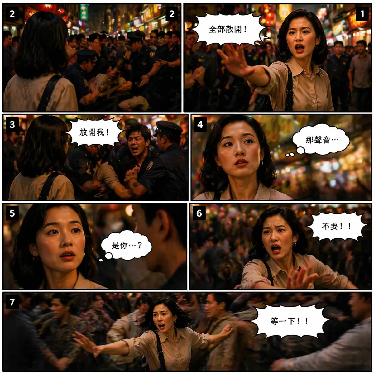 參考上傳圖片人物長相服裝，此頁只有女主角一人為主角,每張 6–9 格，由右→左閱讀,順序由上到下,要有順序編號在上方,人物不一定要特寫,有全身 側面 背面,提示詞重點：讓她「確定是男友」

對白：
1️⃣「全部散開！」
2️⃣（警察壓制人群）
3️⃣「放開我！」
4️⃣（她愣住）「那聲音…」
5️⃣（看到他的臉）「是你…？」
6️⃣「不要！！」
7️⃣（被人群推開）「等一下！！」