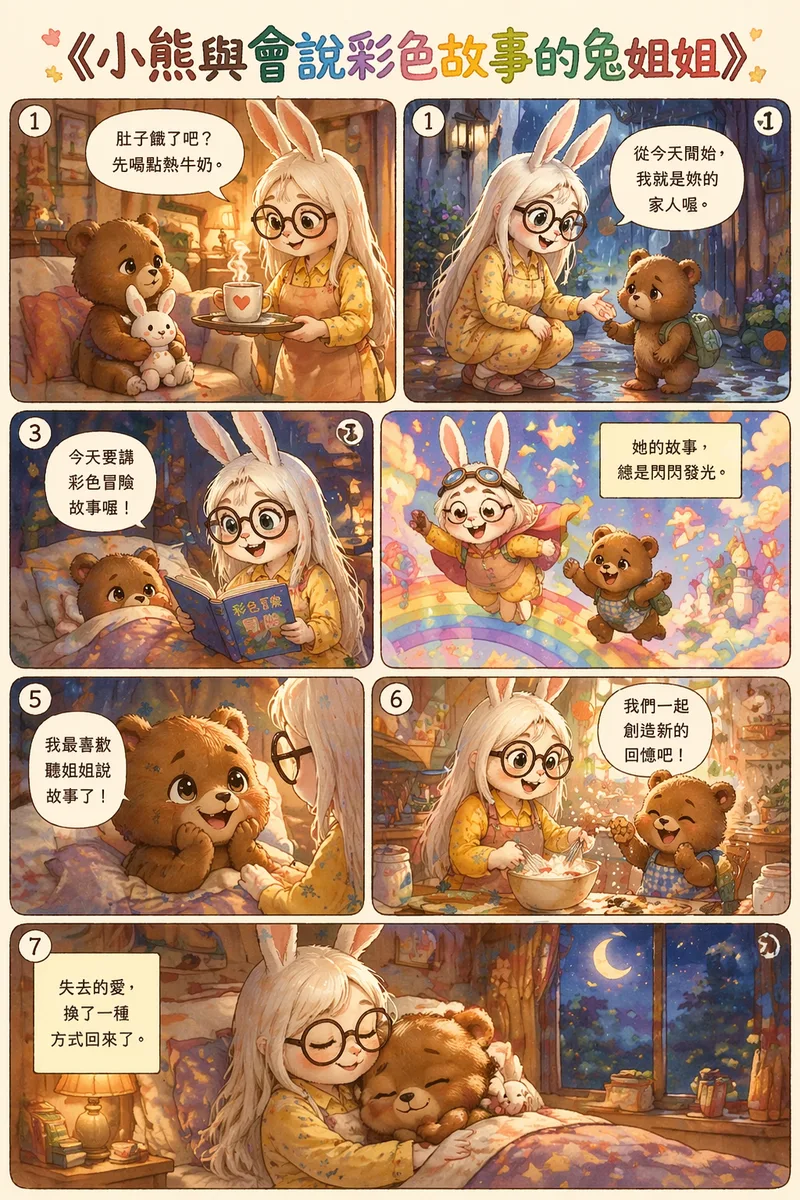 請依照「上傳圖片中的人物外觀」作為小兔姐姐角色造型參考，生成一張 溫馨可愛彩色漫畫單頁。

整體畫風

日系溫馨童話風、治癒系、柔和光線、水彩質感、柔軟線條、可愛表情。
像兒童繪本結合少女漫畫的風格，高解析度、清晰文字、完整漫畫排版。

版面設定
語言：繁體中文
格數：6–9格
單頁漫畫
右→左閱讀
每一行由右邊開始閱讀
所有對話框需清晰可讀
不要浮水印、不要錯字
角色設定

小兔姐姐

外型參考上傳圖片人物
氣質溫柔陽光、像姐姐般可靠
穿著溫暖居家服或圍裙

小熊

年紀小、毛茸茸、圓眼睛
剛失去媽媽有點難過，之後慢慢變開朗
故事主軸

小熊失去媽媽後，被善良的小兔姐姐收養。
小兔姐姐每天晚上都會講「彩色漫畫故事」給小熊聽，讓她慢慢走出悲傷，重新感受到家的溫暖。

分鏡（請畫出對話框與中文文字）

① 右上格
雨天，小熊抱著小背包站在門口很難過，小兔姐姐蹲下溫柔微笑
文字：小兔姐姐：「從今天開始，我就是妳的家人喔。」

②
小熊坐在沙發抱著兔子娃娃，小兔姐姐端熱牛奶
文字：小兔姐姐：「肚子餓了吧？先喝點熱牛奶。」

③
晚上，小兔姐姐拿著彩色故事書，小熊躲在被窩露出眼睛
文字：小兔姐姐：「今天要講彩色冒險故事喔！」

④
想像畫面：故事裡的小熊和小兔在彩虹天空冒險，充滿星星與糖果雲
文字：旁白：「她的故事，總是閃閃發光。」

⑤
小熊第一次露出笑容看著小兔姐姐
文字：小熊：「我最喜歡聽姐姐說故事了！」

⑥
兩人一起在廚房做餅乾，麵粉飛舞、氣氛歡樂
文字：小兔姐姐：「我們一起創造新的回憶吧！」

⑦ 結尾大格
夜晚，小熊安心睡著抱著小兔姐姐，窗外月光溫暖
文字：旁白：「失去的愛，換了一種方式回來了。」

標題（頁面最上方大字）

《小熊與會說彩色故事的兔姐姐》
