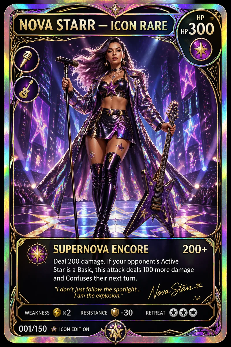 A premium holographic collector trading card in the style of Pokemon or Magic: The Gathering, featuring a full-body hero portrait framed inside an ornate card border with rainbow foil finish. Card name banner at the top in bold typography, HP or rarity symbol in the top-right, stat block and attack name in the lower panel, card number and edition mark in the bottom-left corner. Gloss, subtle holo rainbow glints across the surface, mint-condition collector aesthetic, centered pack-fresh composition. A charismatic fictional pop-star on the card hero slot, name banner 'NOVA STARR — ICON RARE', guitar and microphone as symbols, card number 001/150.