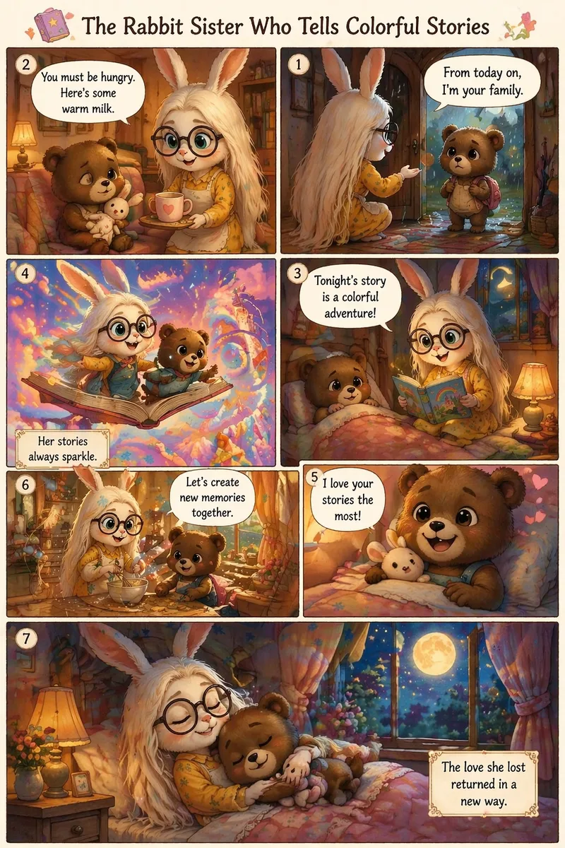 Use the character appearance from the uploaded image as the visual reference for the Rabbit Big Sister.
Generate a heart-warming, full-color comic page.

Overall Art Style

Japanese cozy fairy-tale style, healing and cute.
Soft lighting, watercolor texture, gentle line art, expressive cute faces.
Children’s picture book + shoujo manga style.
High resolution, clean readable text, professional comic layout.

Page Setup
Language: English
Panels: 6–9 panels
Single comic page
Reading direction: Right → Left
Each row also starts from the right
All speech bubbles must be clear and readable
No watermark, no typos
Characters

Rabbit Big Sister

Appearance based on the uploaded image
Gentle, warm, reliable older-sister personality
Wearing cozy home clothes or an apron

Little Bear

Small, fluffy, round eyes
Recently lost her mother and feels sad, but gradually becomes cheerful
Story Summary

After losing her mother, the little bear is adopted by the kind Rabbit Big Sister.
Every night, the sister tells her colorful comic bedtime stories, helping the little bear slowly heal and feel the warmth of a new family.

Panel Directions (Draw speech bubbles with English text)

① Top-right panel
Rainy day. Little Bear stands at the door holding a small backpack, looking sad. Rabbit Big Sister kneels and smiles warmly.
Text:
Rabbit Sister: “From today on, I’m your family.”

②
Little Bear sits on the sofa hugging a bunny plush. Rabbit Sister brings warm milk.
Text:
Rabbit Sister: “You must be hungry. Here’s some warm milk.”

③
Nighttime. Rabbit Sister holds a colorful storybook. Little Bear peeks out from the blanket.
Text:
Rabbit Sister: “Tonight’s story is a colorful adventure!”

④
Imagination scene: the bear and rabbit flying in a rainbow sky with stars and candy clouds.
Narration:
“Her stories always sparkle.”

⑤
Little Bear smiles for the first time.
Text:
Little Bear: “I love your stories the most!”

⑥
They bake cookies together in the kitchen. Flour floating in the air.
Text:
Rabbit Sister: “Let’s create new memories together.”

⑦ Final large panel
Night. Little Bear sleeps peacefully hugging Rabbit Sister. Warm moonlight through the window.
Narration:
“The love she lost returned in a new way.”

Title (Top of the page)

“The Rabbit Sister Who Tells Colorful Stories”