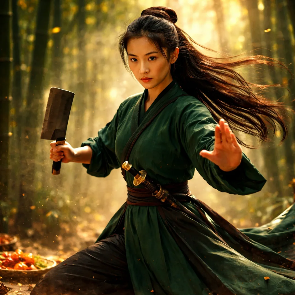 Based on the uploaded photo, cinematic hero pose of the same woman in a bamboo forest,
holding a chinese cleaver in one hand,
other hand extended in martial arts stance,
confident calm expression looking forward,
sunlight glowing through bamboo trees,
dust and tiny food particles floating in the air,
hair and robe flowing in the wind,
epic movie lighting, shallow depth of field,
ultra realistic cinematic film still, 8k,