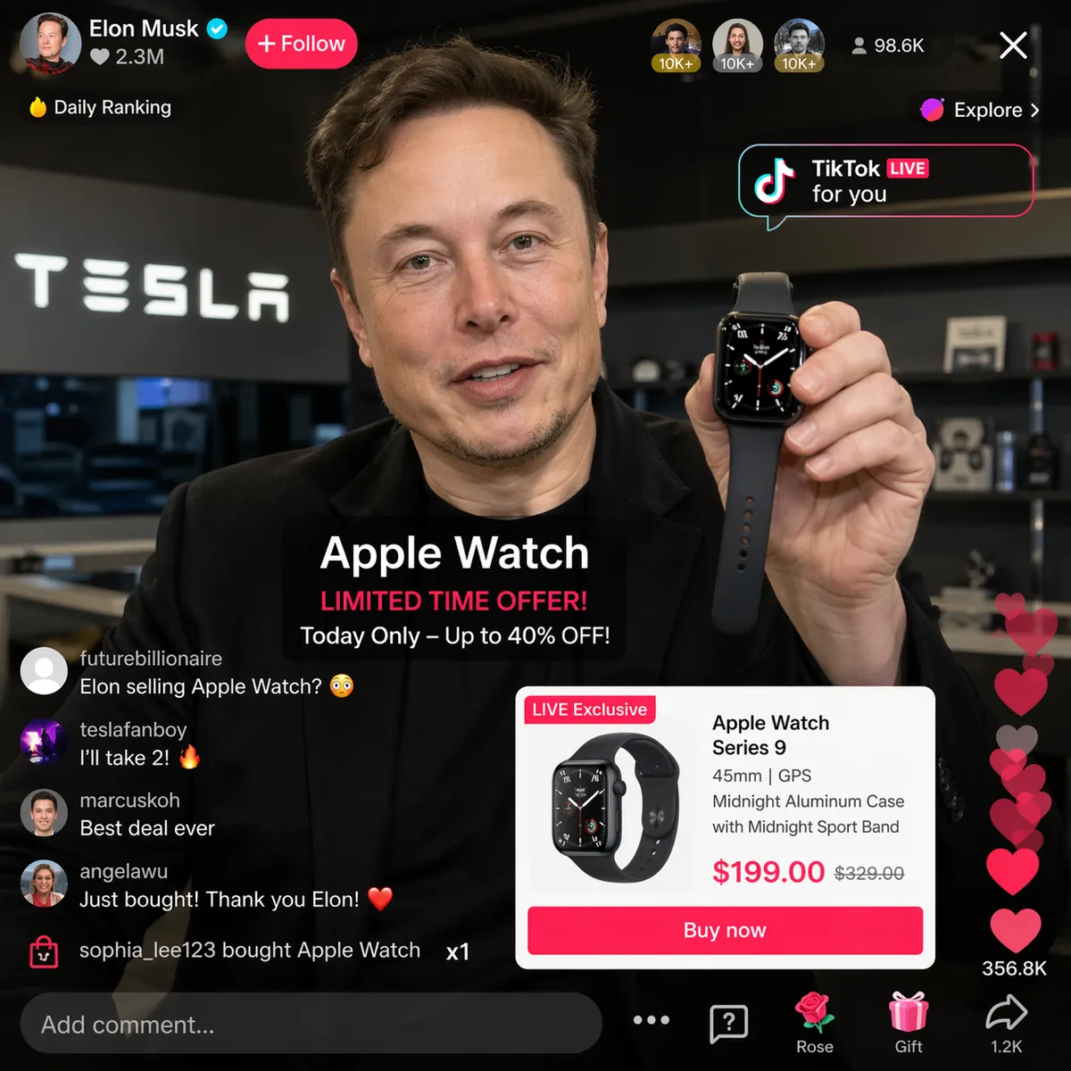 Elon Musk selling apple watch in Tiktok live stream