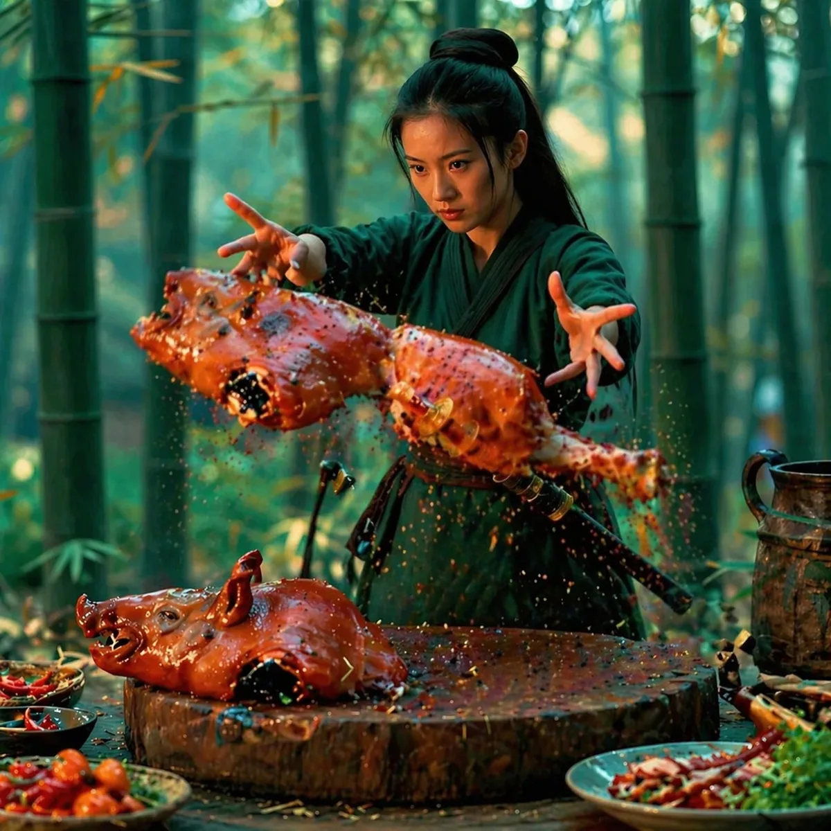 參考上傳圖片,生成給seedance 2.0生成影片的下一幀,將豬肉丟下空中