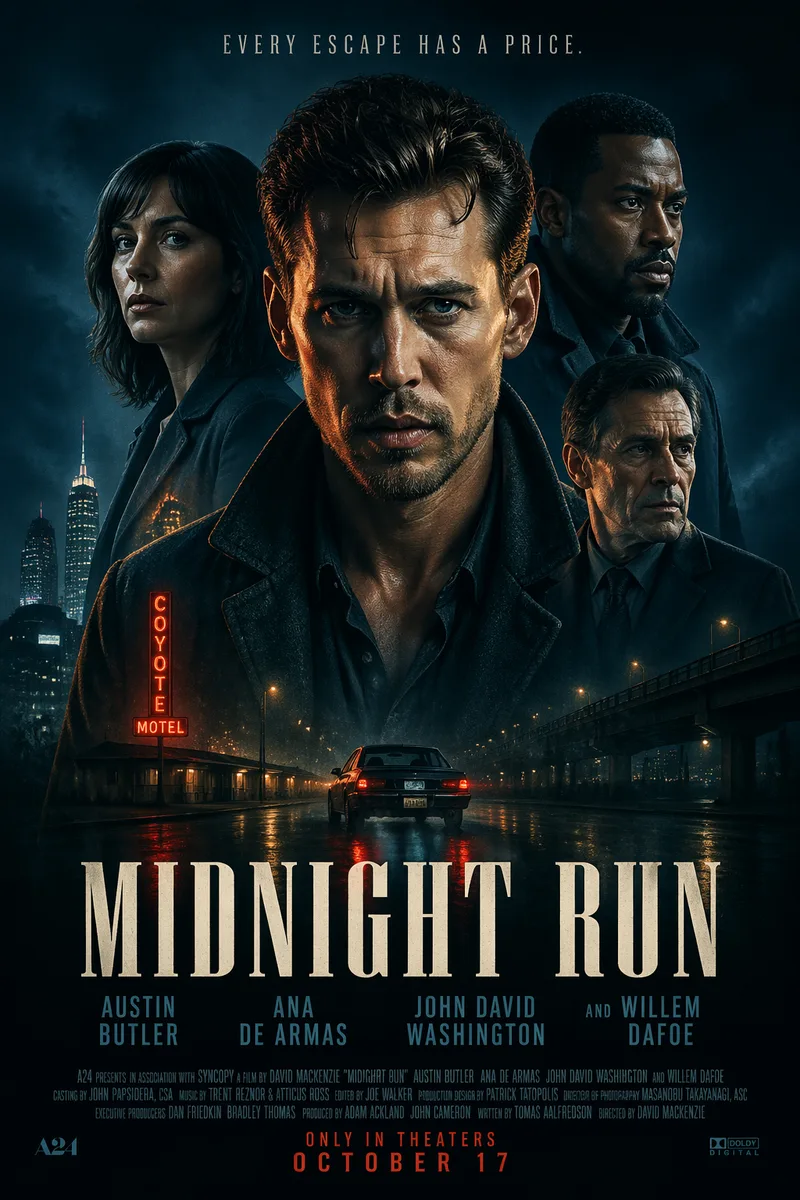 A cinematic Hollywood ensemble movie poster in the style of A24 or Christopher Nolan, with strong hierarchical character composition: the lead figure front and center, largest, direct gaze; supporting cast arranged in a dramatic pyramid behind them at smaller scale; moody color grading, dramatic rim lighting, film grain, bold condensed serif title at the bottom, tagline above it, cast block and release date in small caps at the very bottom. Theatrical one-sheet aspect, print-sharp typography. A neo-noir crime thriller titled 'MIDNIGHT RUN', four leads, lead actor in center with a 1000-yard stare, cast name block, moody teal and orange palette.