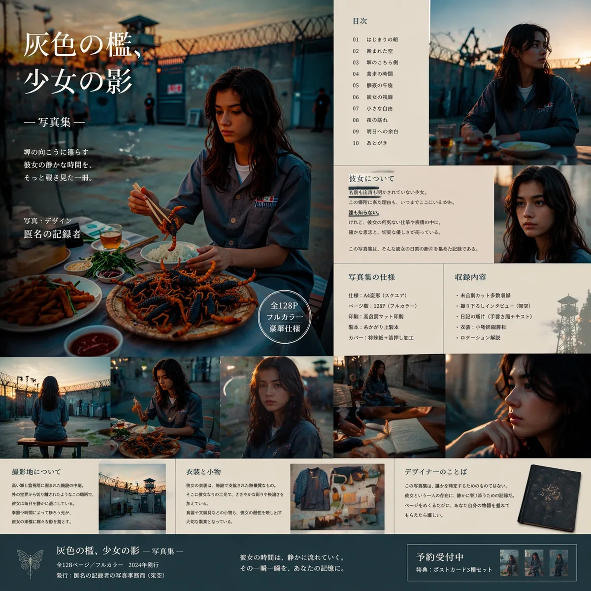 このキャラクターで、プロデザイナーが手掛けた写真集を作ってください。情報量多め。言語は日本語。
実在のブランドロゴ・会社名・人名等は一切使用せず、完全オリジナルにする。最終仕上げ時に実在のものが含まれていないか確認すること。