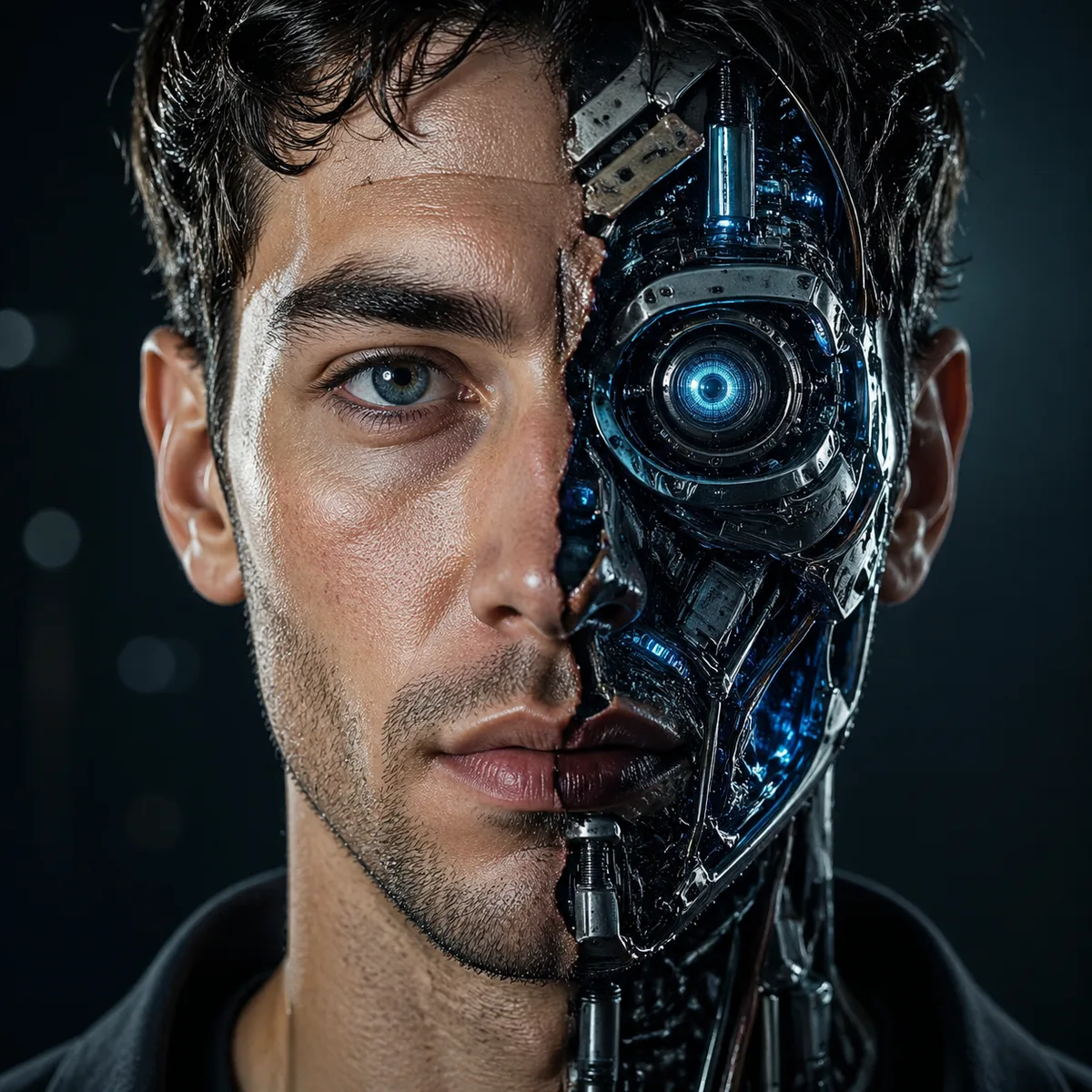 A hyper-realistic cinematic portrait of a young man, split down the middle. One side is a natural human face with realistic skin texture and light stubble. The other side reveals a complex internal robotic structure with intricate gears, hydraulic pistons, glowing blue microchips, and fiber-optic cables. High-tech cybernetic eye with a glowing lens. Sharp lighting, 8k resolution, photorealistic, intricate mechanical details, sci-fi aesthetic.