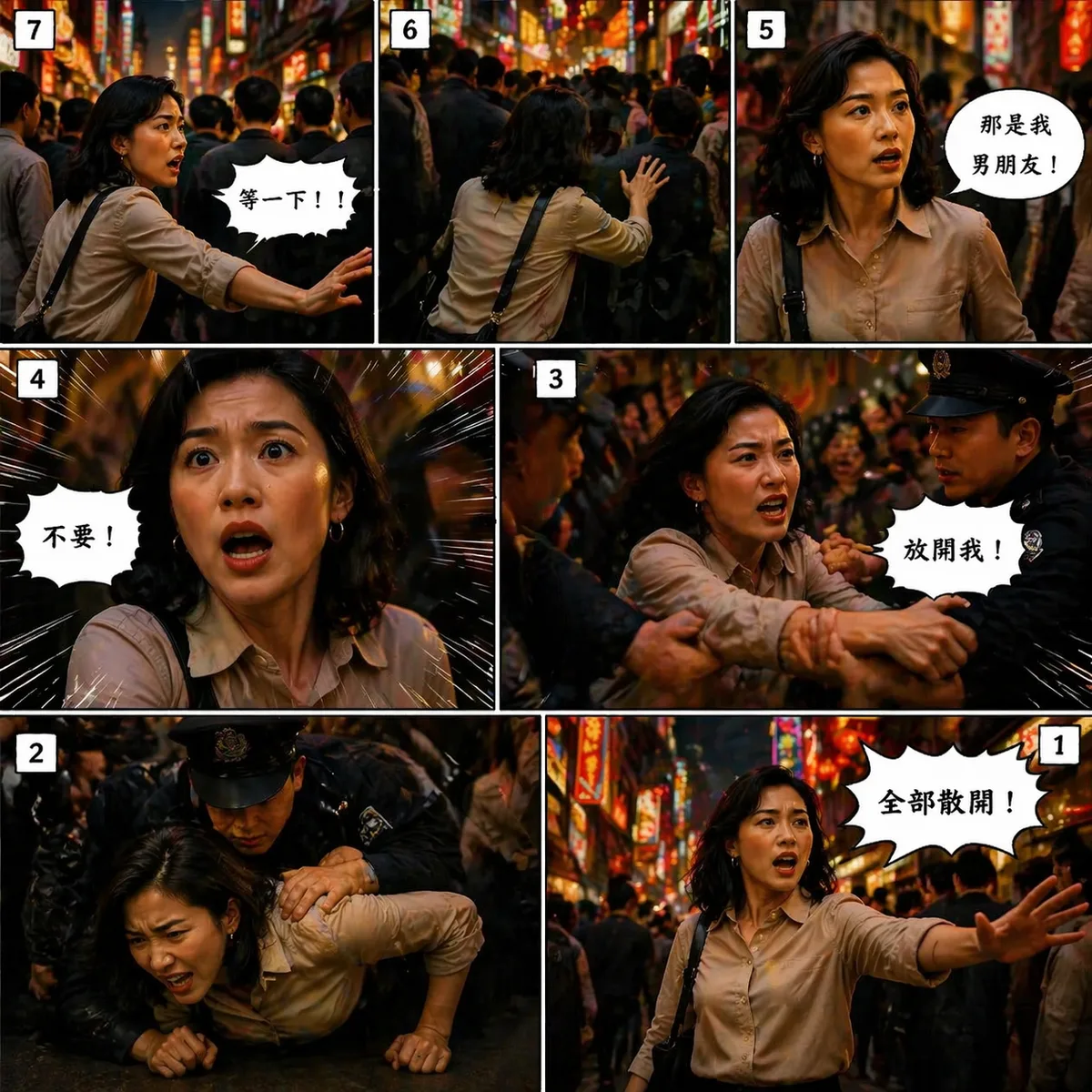 參考上傳圖片人物長相服裝，此頁只有女主角一人為主角,每張 6–9 格，右→左閱讀,人物不一定要特寫,有全身 側面 背面,提示詞（衝突）

對白：
1️⃣「全部散開！」
2️⃣（警察壓制）
3️⃣「放開我！」
4️⃣（她驚恐）「不要！」
5️⃣「那是我男朋友！」
6️⃣（被人群擋住）
7️⃣「等一下！！」