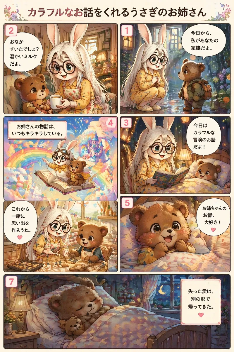 アップロードされた画像の人物の外見をうさぎのお姉さんのデザイン参考として使用し、
心温まるフルカラー漫画の1ページを生成してください。

全体の画風

日本の癒し系童話スタイル。
やわらかい光、水彩風、やさしい線、かわいい表情。
児童絵本＋少女漫画のミックス。
高解像度、文字ははっきり読める、完成された漫画レイアウト。

ページ設定
言語：日本語
コマ数：6〜9コマ
1ページ漫画
右→左に読む
各行も右から開始
すべての吹き出し文字を明確に表示
透かし・誤字なし
キャラクター設定

うさぎのお姉さん

外見：アップロード画像の人物を参考
優しくて明るく頼れる性格
あたたかい部屋着やエプロン

こぐま

小さくてふわふわ、丸い目
お母さんを亡くして寂しいが、少しずつ元気になる
ストーリー概要

お母さんを亡くしたこぐまは、優しいうさぎのお姉さんに引き取られる。
毎晩お姉さんが「カラフルな漫画のお話」を聞かせ、
こぐまは少しずつ心を開き、家族の温かさを取り戻していく。

コマ割り（日本語の吹き出しを描く）

① 右上コマ
雨の日、リュックを抱えたこぐま。うさぎのお姉さんがしゃがんで微笑む。
セリフ：
うさぎのお姉さん「今日から、私があなたの家族だよ。」

②
ソファでぬいぐるみを抱くこぐま。温かいミルクを差し出すお姉さん。
セリフ：
「おなかすいたでしょ？温かいミルクだよ。」

③
夜、カラフルな絵本を持つお姉さん。布団から顔を出すこぐま。
セリフ：
「今日はカラフルな冒険のお話だよ！」

④
想像シーン：虹の空で冒険する2人。星とキャンディの雲。
ナレーション：
「お姉さんの物語は、いつもキラキラしている。」

⑤
初めて笑顔になるこぐま。
セリフ：
こぐま「お姉ちゃんのお話、大好き！」

⑥
キッチンで一緒にクッキー作り。小麦粉が舞う。
セリフ：
「これから一緒に思い出を作ろうね。」

⑦ 最後の大コマ
夜、安心して眠るこぐま。月明かりの窓。
ナレーション：
「失った愛は、別の形で帰ってきた。」

タイトル（ページ上部）

「カラフルなお話をくれるうさぎのお姉さん」