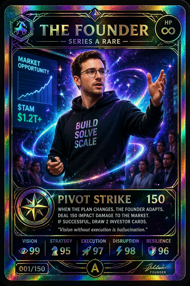 A premium holographic collector trading card titled 'THE FOUNDER — SERIES A RARE', a hoodied tech-founder figure mid-pitch with glowing cosmic aura, ornate rainbow-foil border, HP symbol top-right, attack 'Pivot Strike 150', card number 001/150 bottom-left, mint-condition holo glints, pack-fresh.