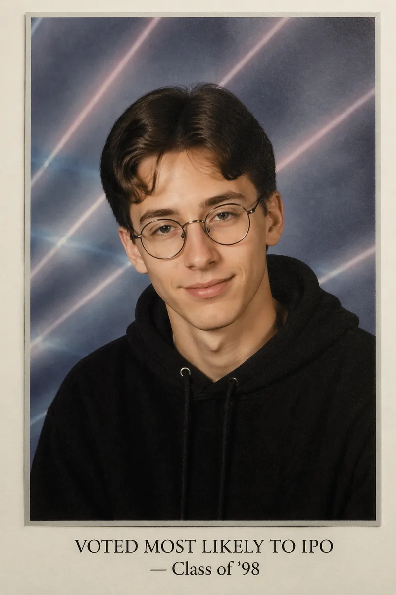 A 1998 American high-school senior yearbook portrait of a nerdy teen in a black hoodie and round glasses, cloudy blue-grey laser-gradient backdrop, soft key light from above-left, subtle half-smile, printed serif name below 'VOTED MOST LIKELY TO IPO — Class of '98', faded photo-paper quality.
