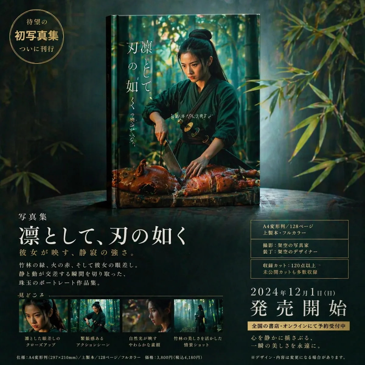 このキャラクターを使用して、プロのデザイナーが手掛けた写真集として制作してください。

全体構成は「一枚のポスター」のようなデザインとする。
上部には、一冊の完成した書籍が垂直に立てられた状態で、正面視点から見えるように配置すること。
書籍は水平に寝かせず、表紙がしっかり見えるように立てた状態で、実在感のある物体として描写すること。

下部には、その写真集の紹介テキストをレイアウトし、デザイン性と読みやすさを両立させること。
全体として情報量は多めにし、雑誌・アートブックのような完成度の高い構成にすること。

言語は日本語。
実在のブランドロゴ・会社名・人名などは一切使用せず、完全オリジナルとすること。
最終仕上げ時に、実在の要素が含まれていないか必ず確認すること。