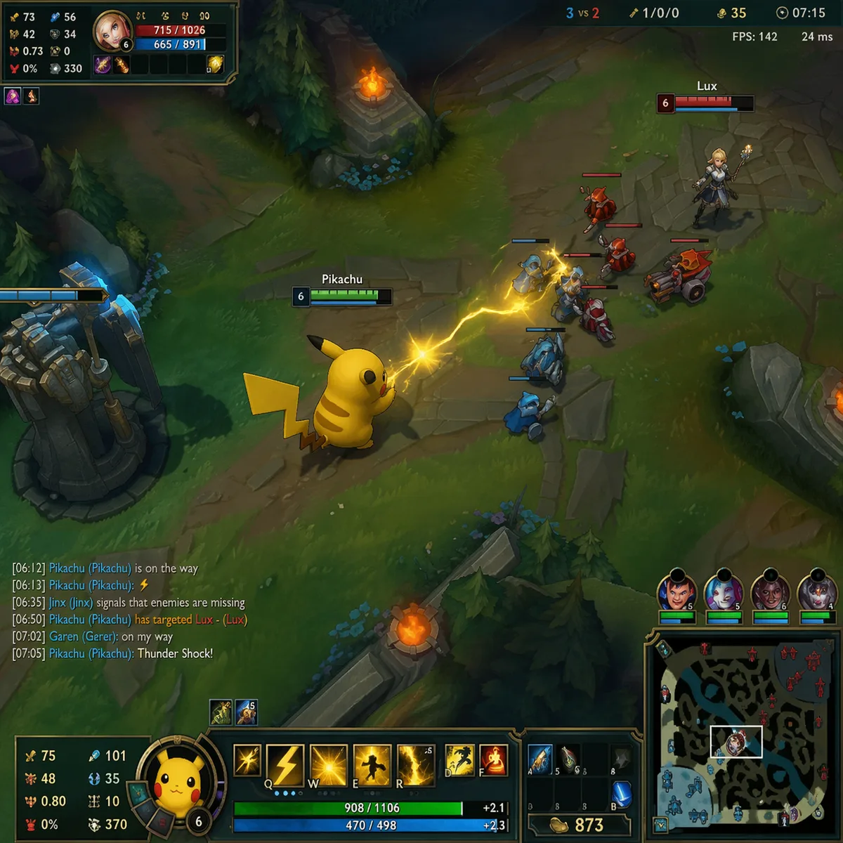 pickachu in league of legend summoners rift game play screen as a champion